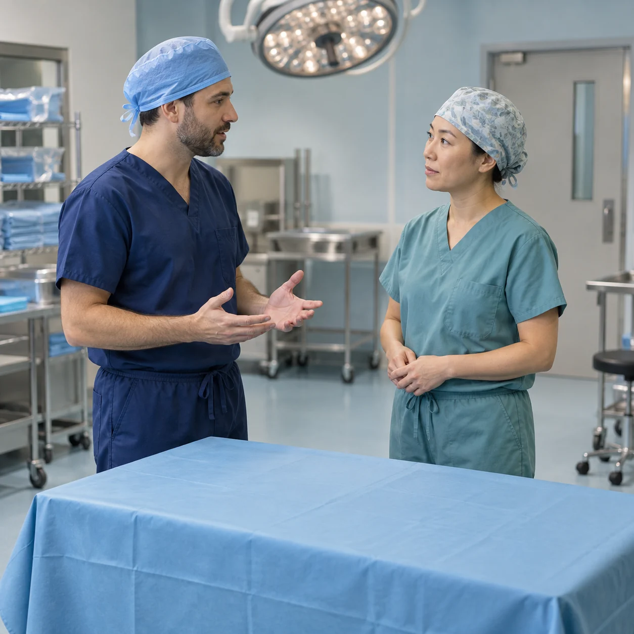 Two adults in scrubs and caps talk beside an empty blue-draped table in a clinical room.
