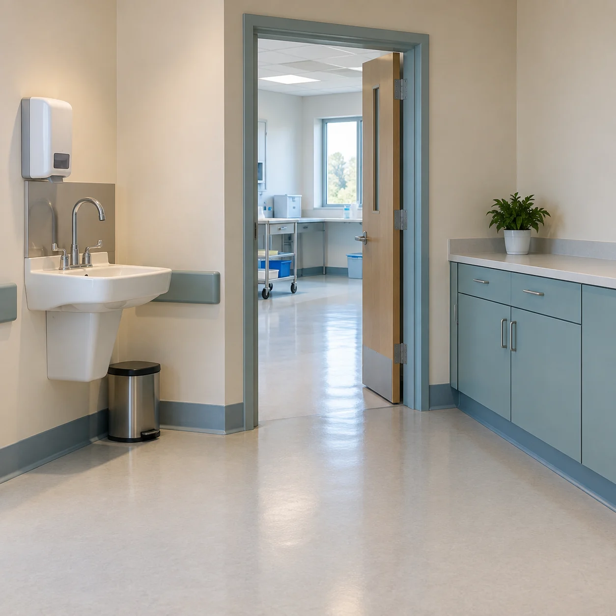 An empty clinical-style room with a handwashing sink, wall dispenser, open doorway, and blue-gray cabinets.