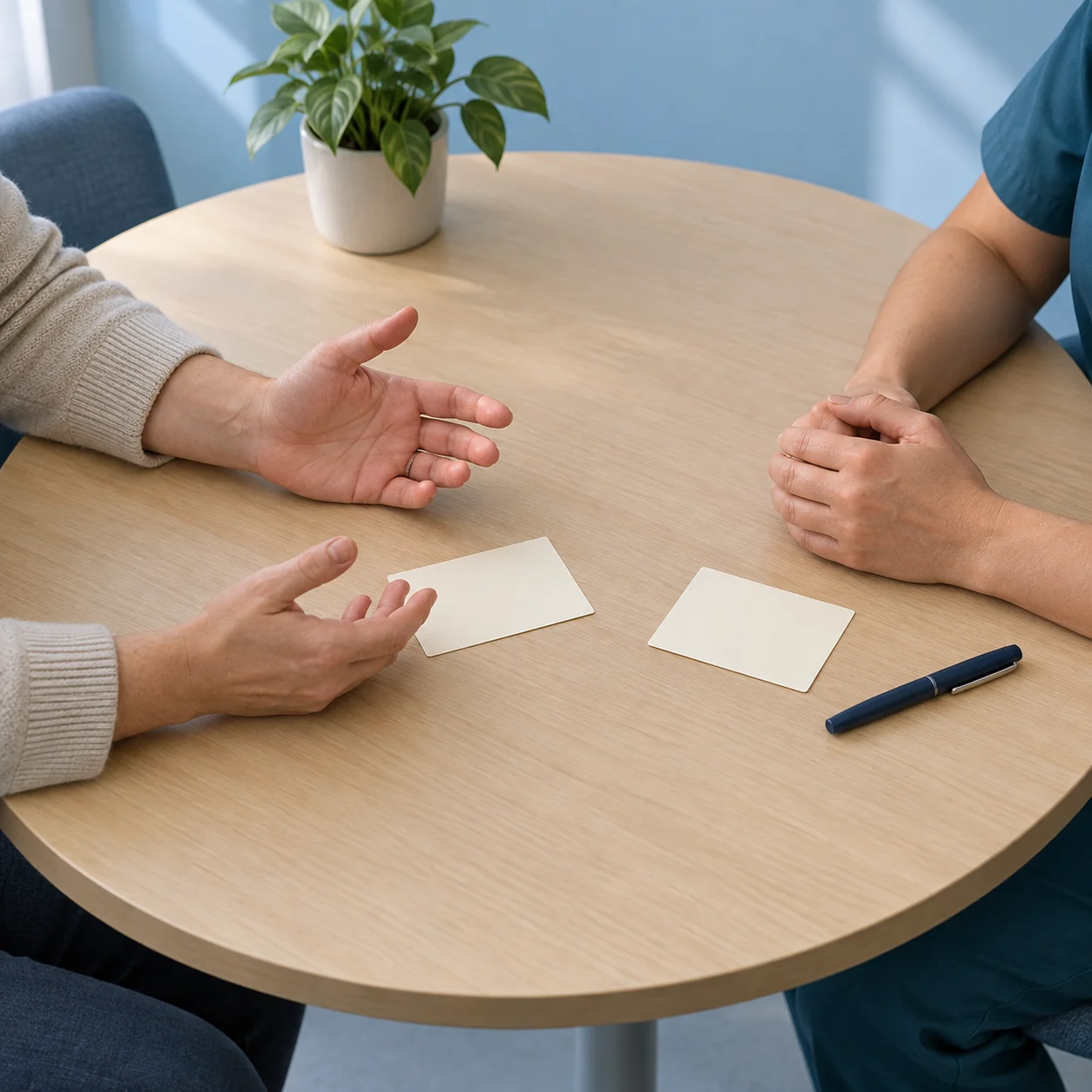 Two adults' hands across a round table with two blank cards and a capped blue pen between them.