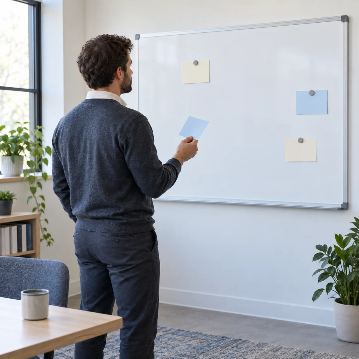 An adult stands beside a whiteboard with three blank cards attached, holding another blank blue card.