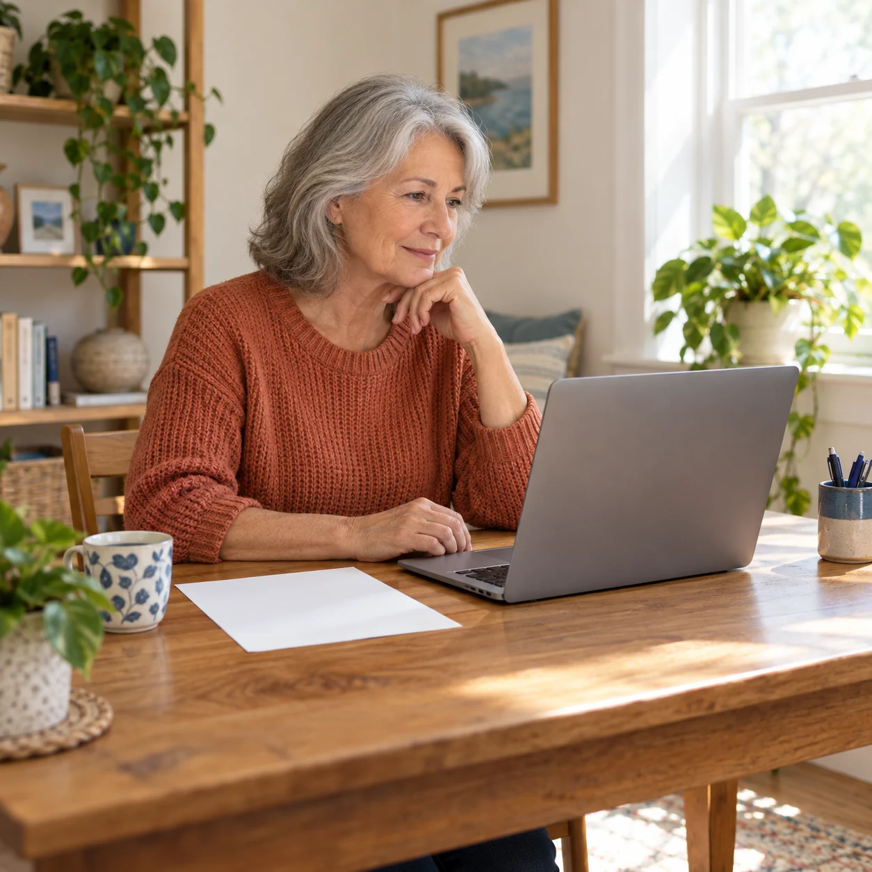 An adult seated at a table looking at an open laptop, with a blank sheet of paper nearby.