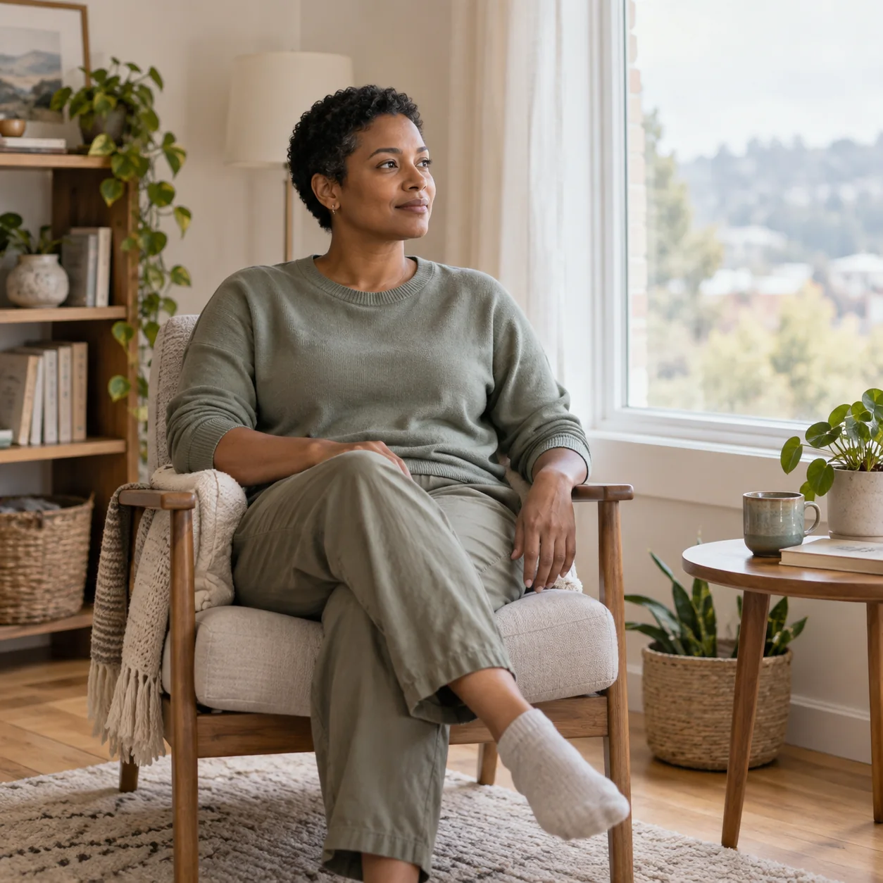 An adult seated by a window at home, looking outside.