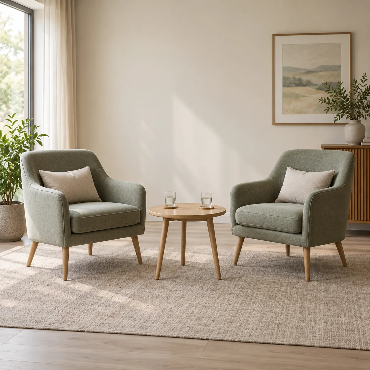 Two empty armchairs facing a small table with two glasses of water.