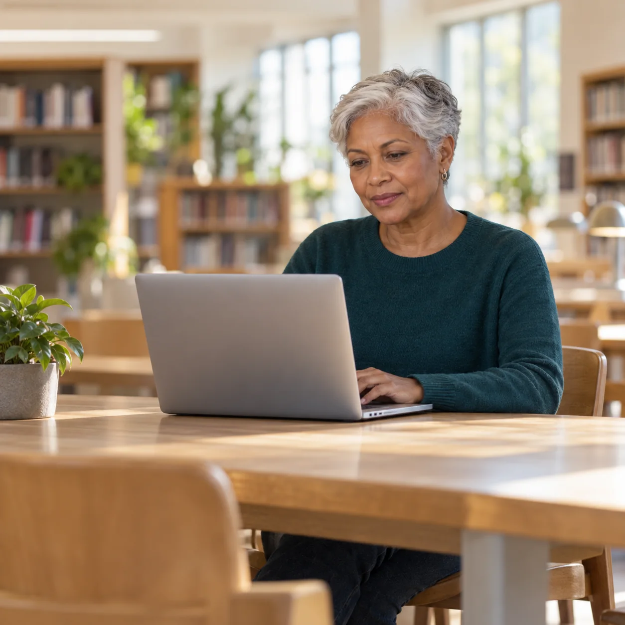 An older adult seated alone at a library table, looking at an open laptop whose screen is not visible.