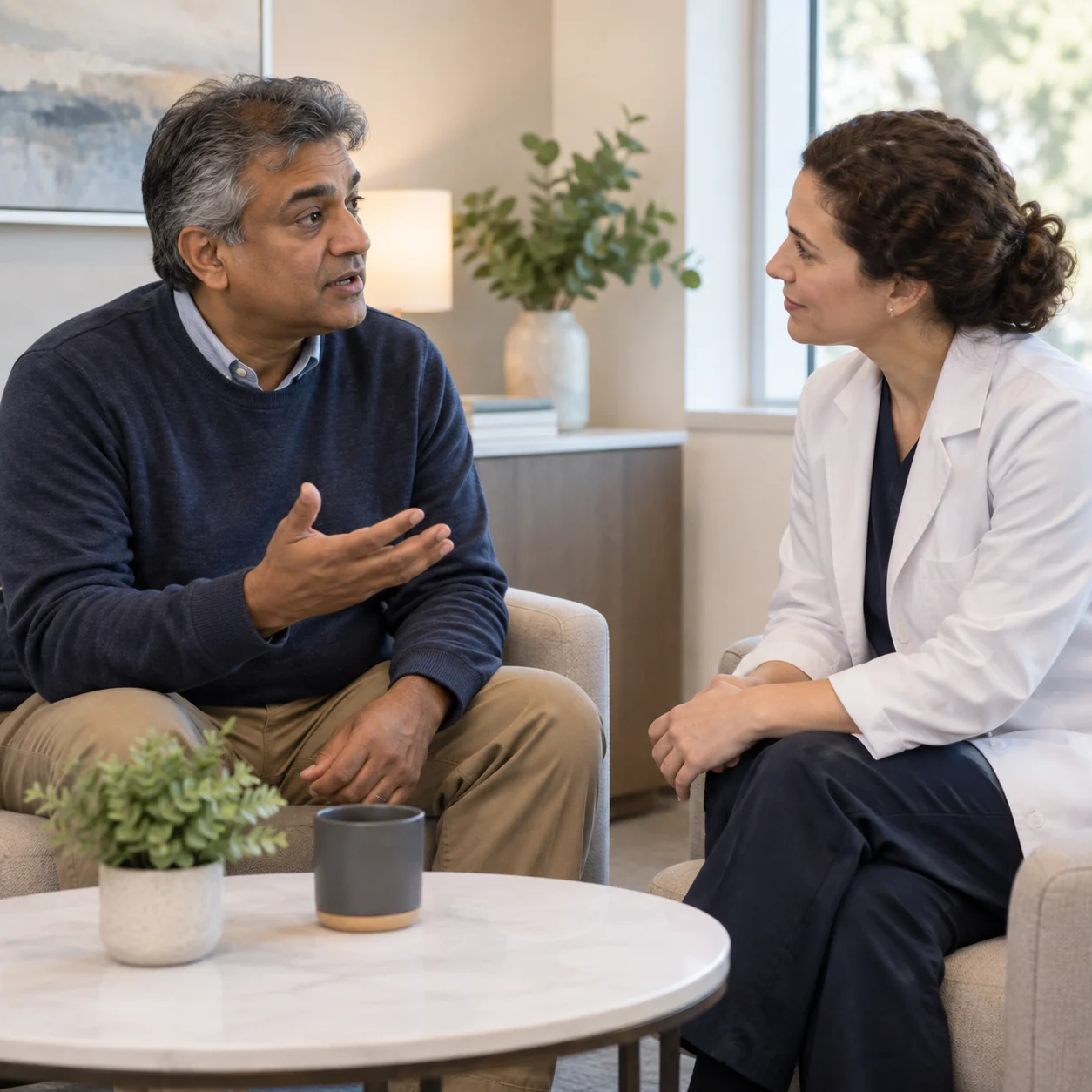 A fictional adult explains his goals while a clinician listens during a consultation.