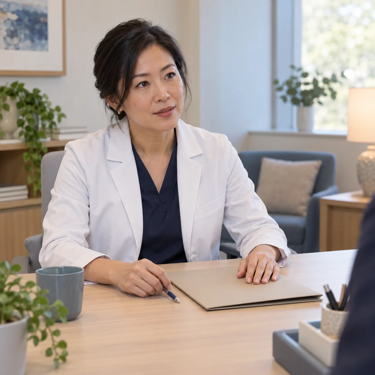 A fictional clinician pauses with a pen beside a plain closed folder during a consultation.