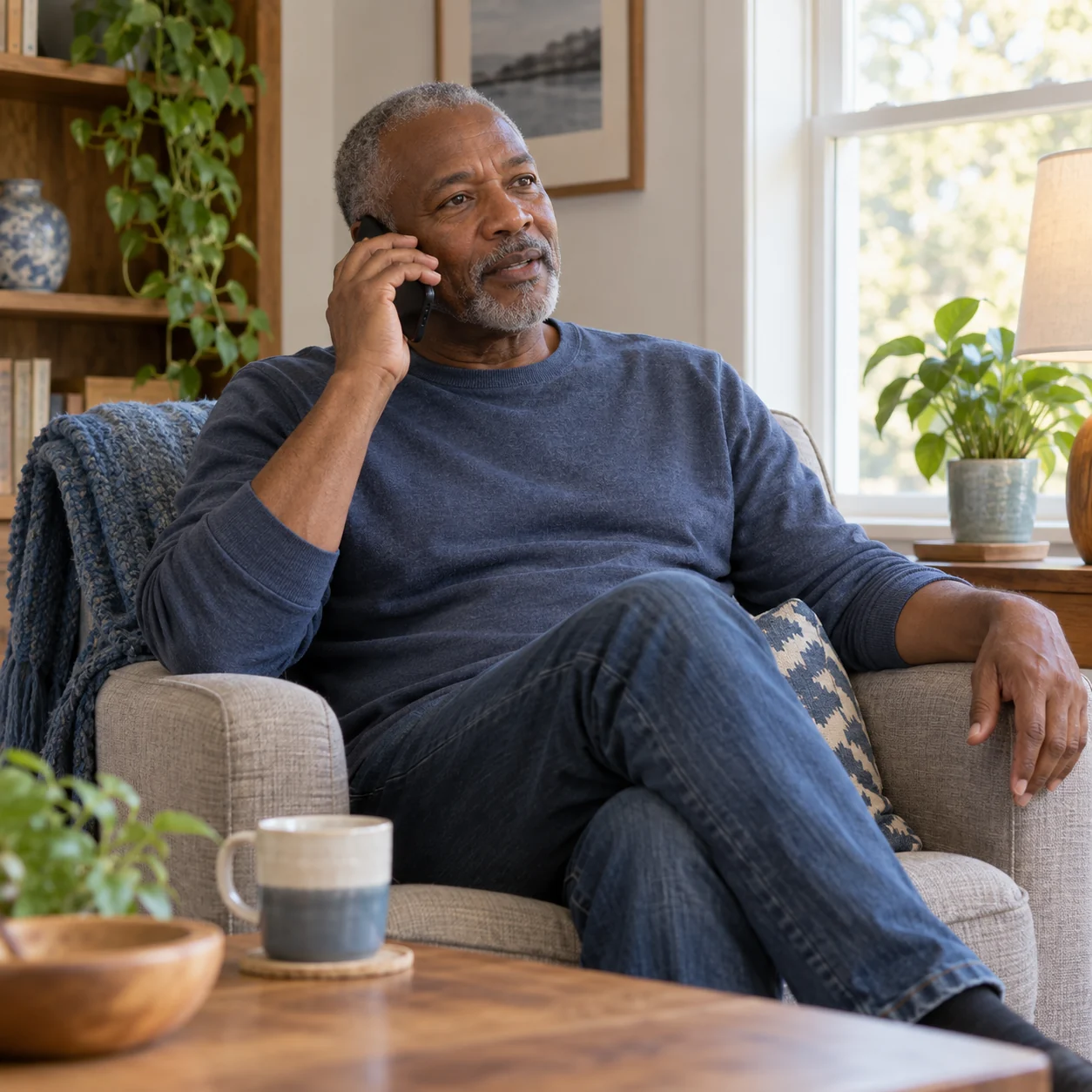 A fictional older adult holds a phone to his ear while seated in a sunlit room.