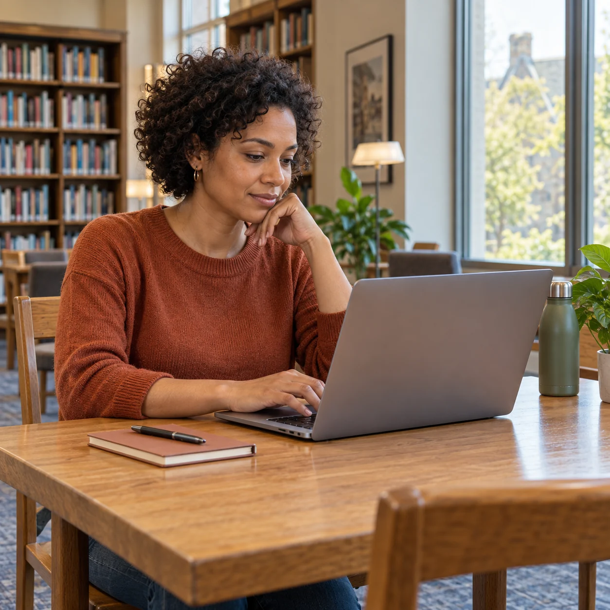 A fictional adult studies independently at a laptop in a quiet library.