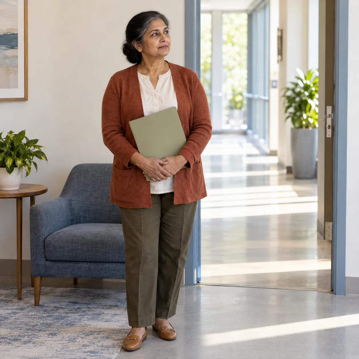 A woman holding a closed folder beside an open doorway in a bright interior.