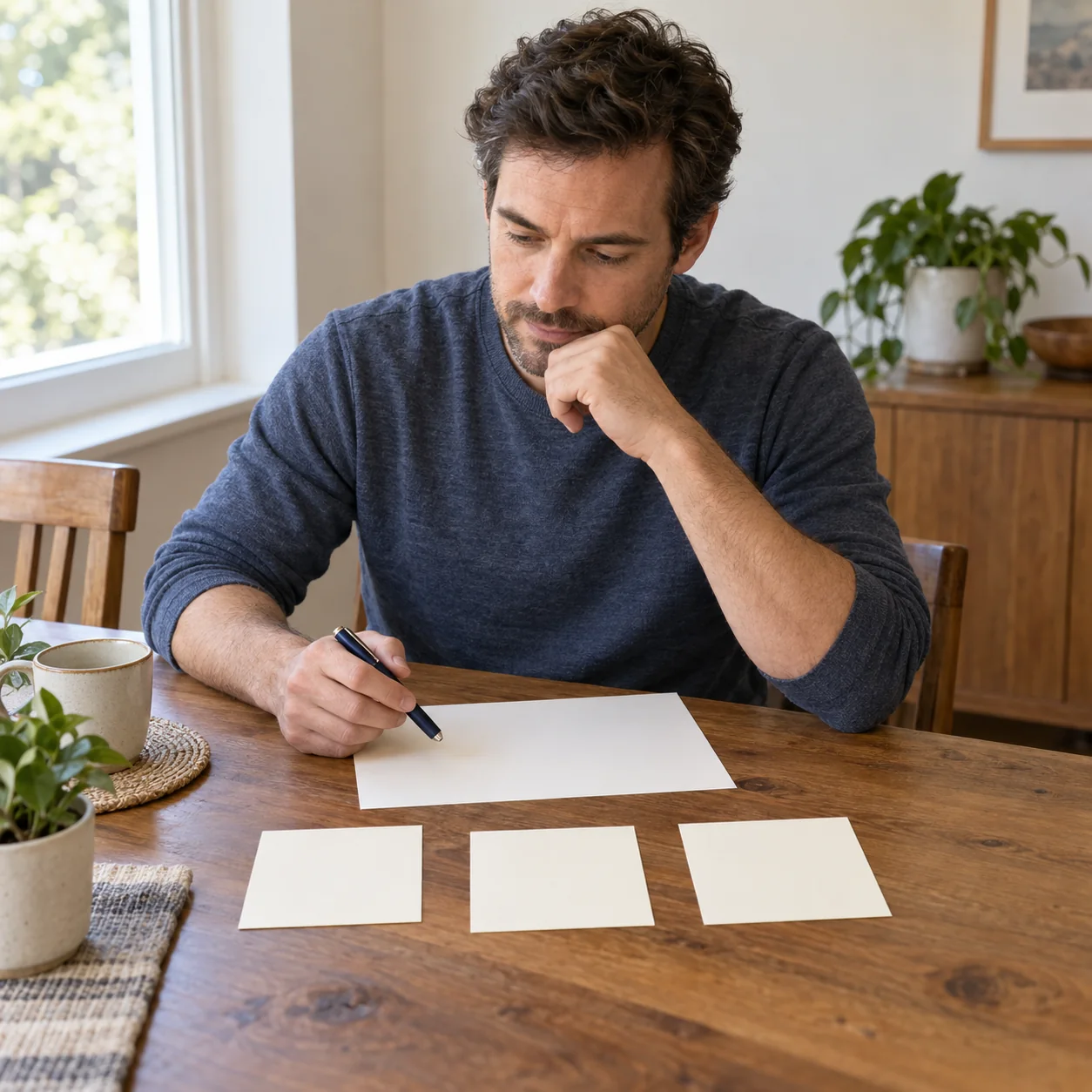 An adult considers a blank sheet and three blank cards at a wooden table, with a pen in hand.