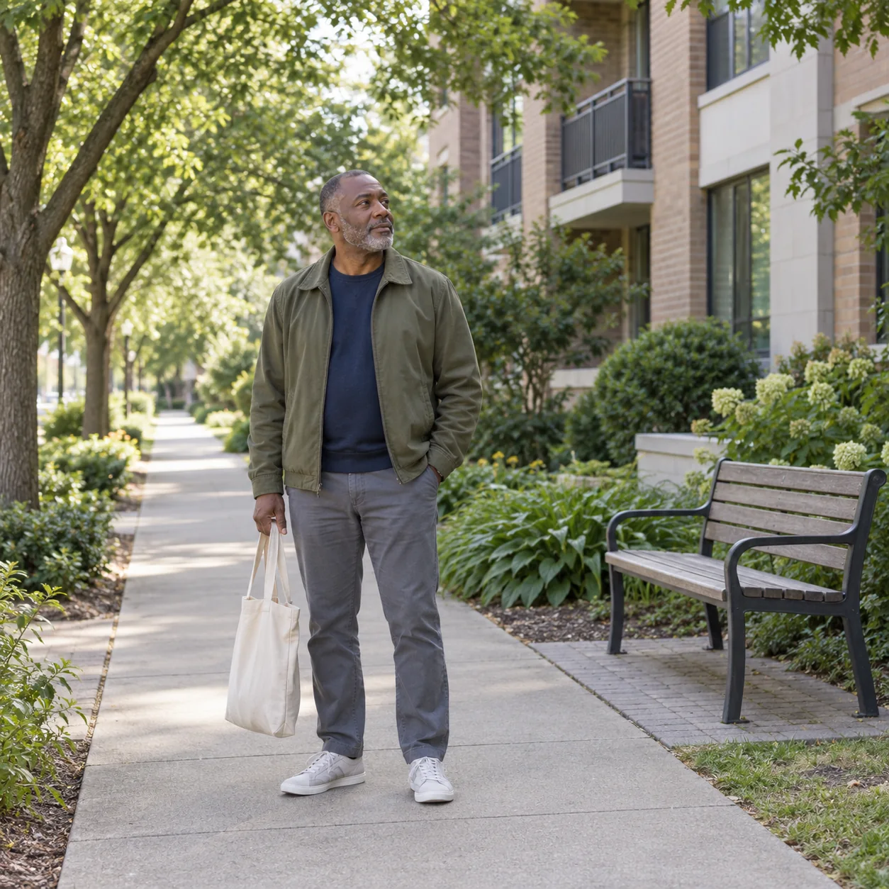 A man stands on a tree-lined neighborhood path holding a soft tote, with an empty bench nearby.