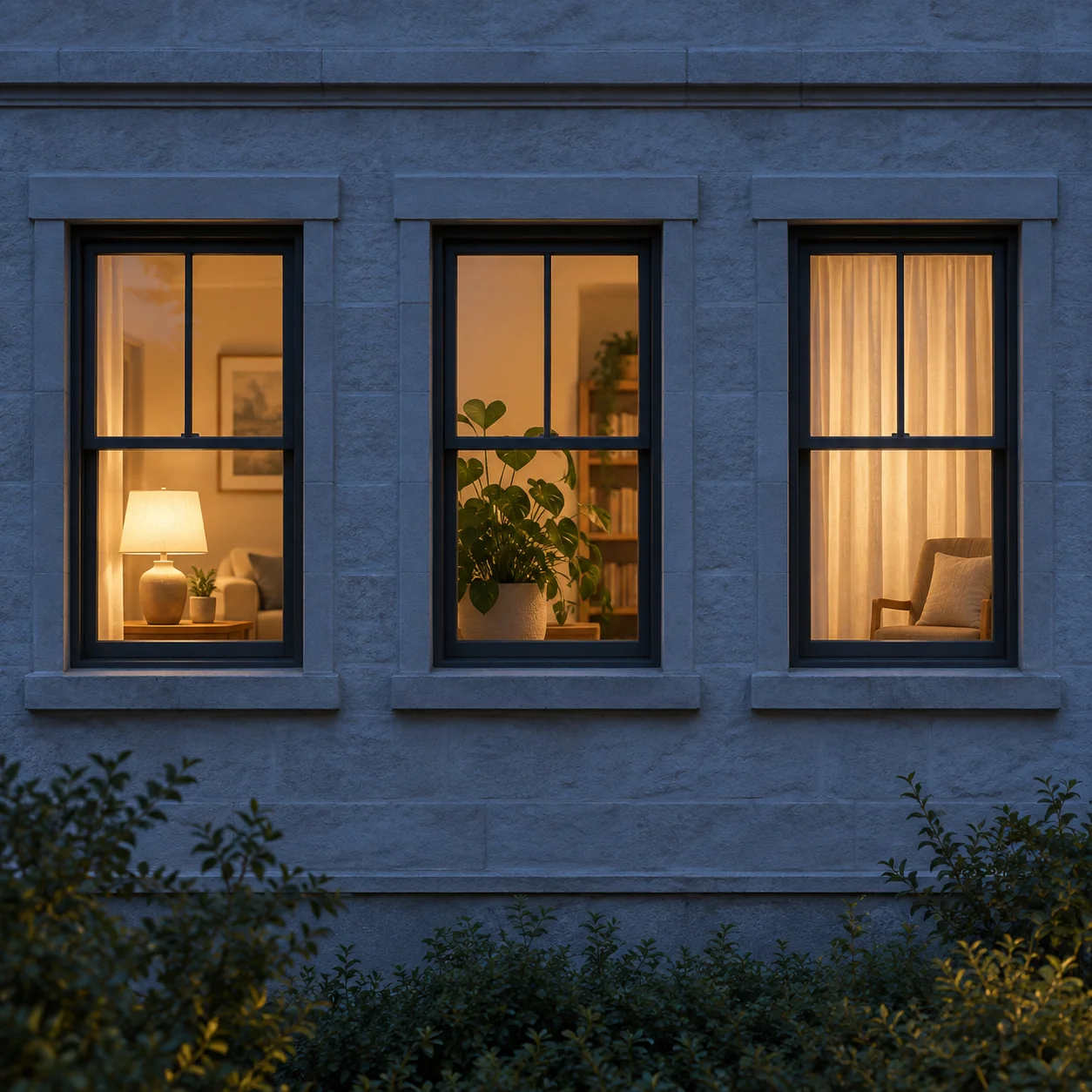 Three evenly spaced lit windows in a blue exterior wall reveal a lamp, plants, and a chair.