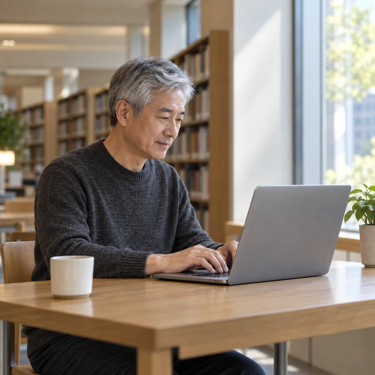 An adult studying alone at an unbranded laptop by a window in a library-like space.