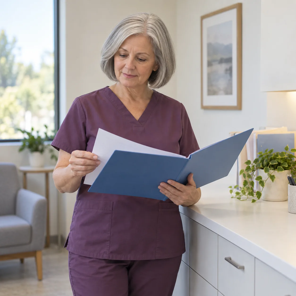 A silver-haired woman in plum scrubs looks at papers in an open blue folder beside a white counter.
