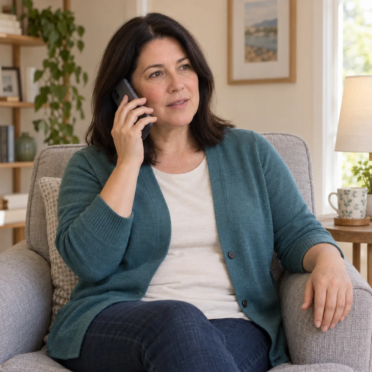 A woman in a teal cardigan talks on a phone while seated in a gray armchair at home.