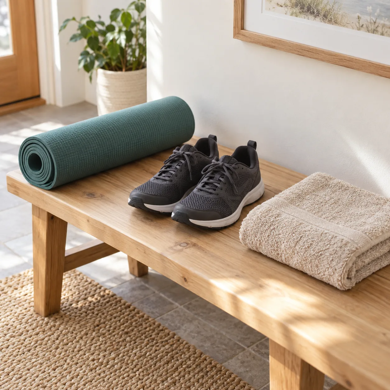 A rolled exercise mat, two training shoes and a folded towel rest on a wooden bench.