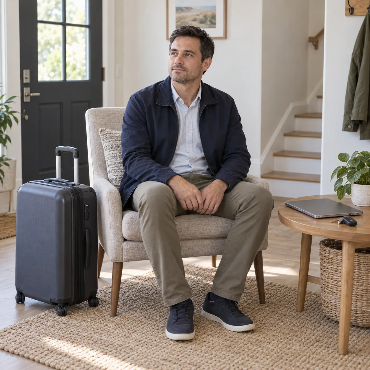 A man in a navy jacket sits near a closed suitcase, laptop and car keys in a home entry area.