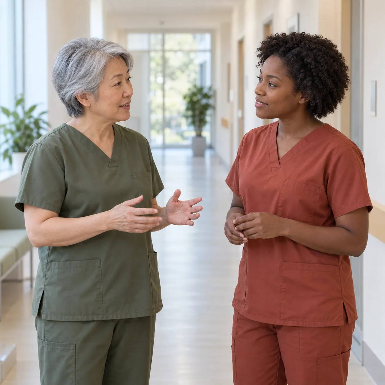 Two women in olive and rust-colored scrubs converse in a bright corridor.