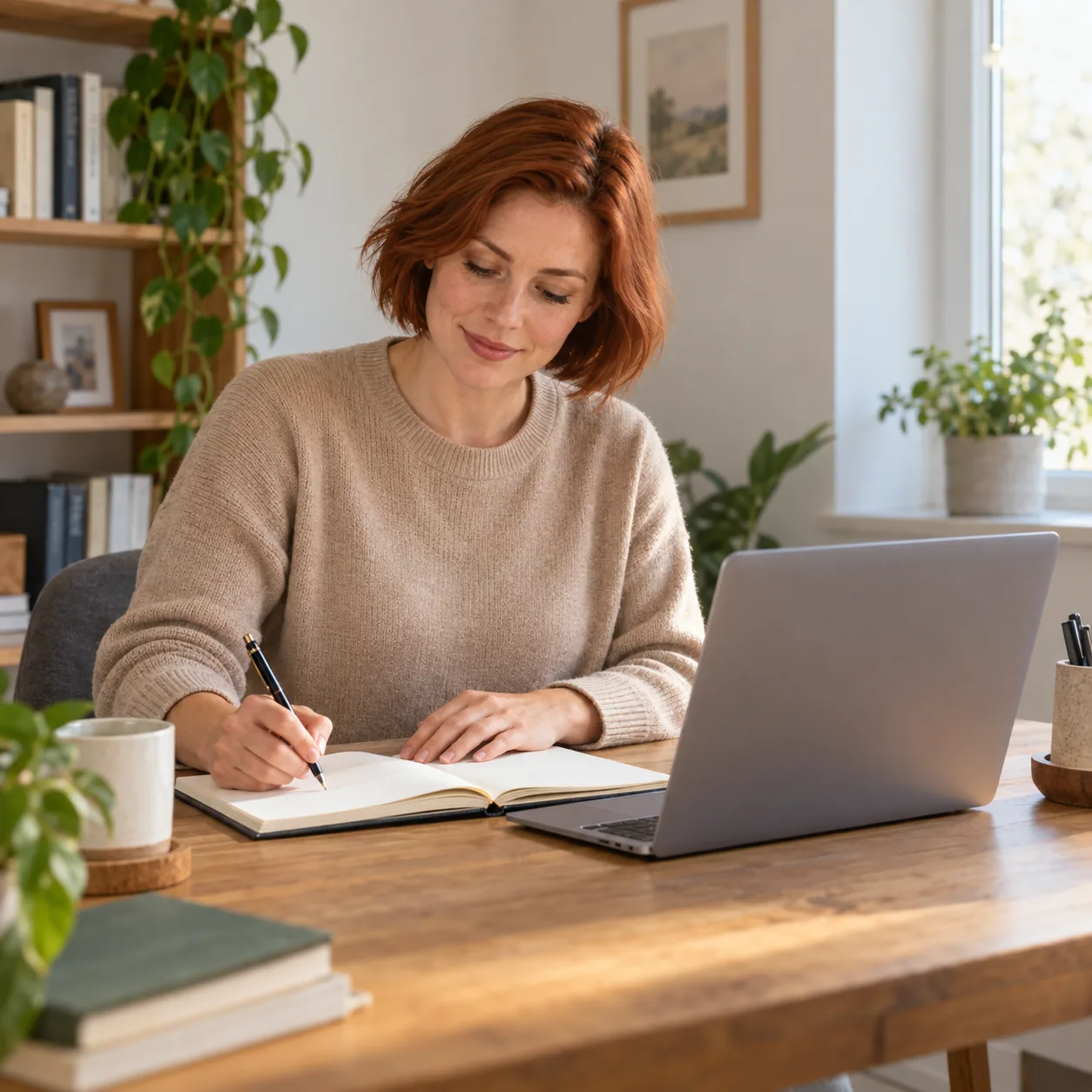 A copper-haired woman writes in a notebook beside a laptop at a wooden home desk.