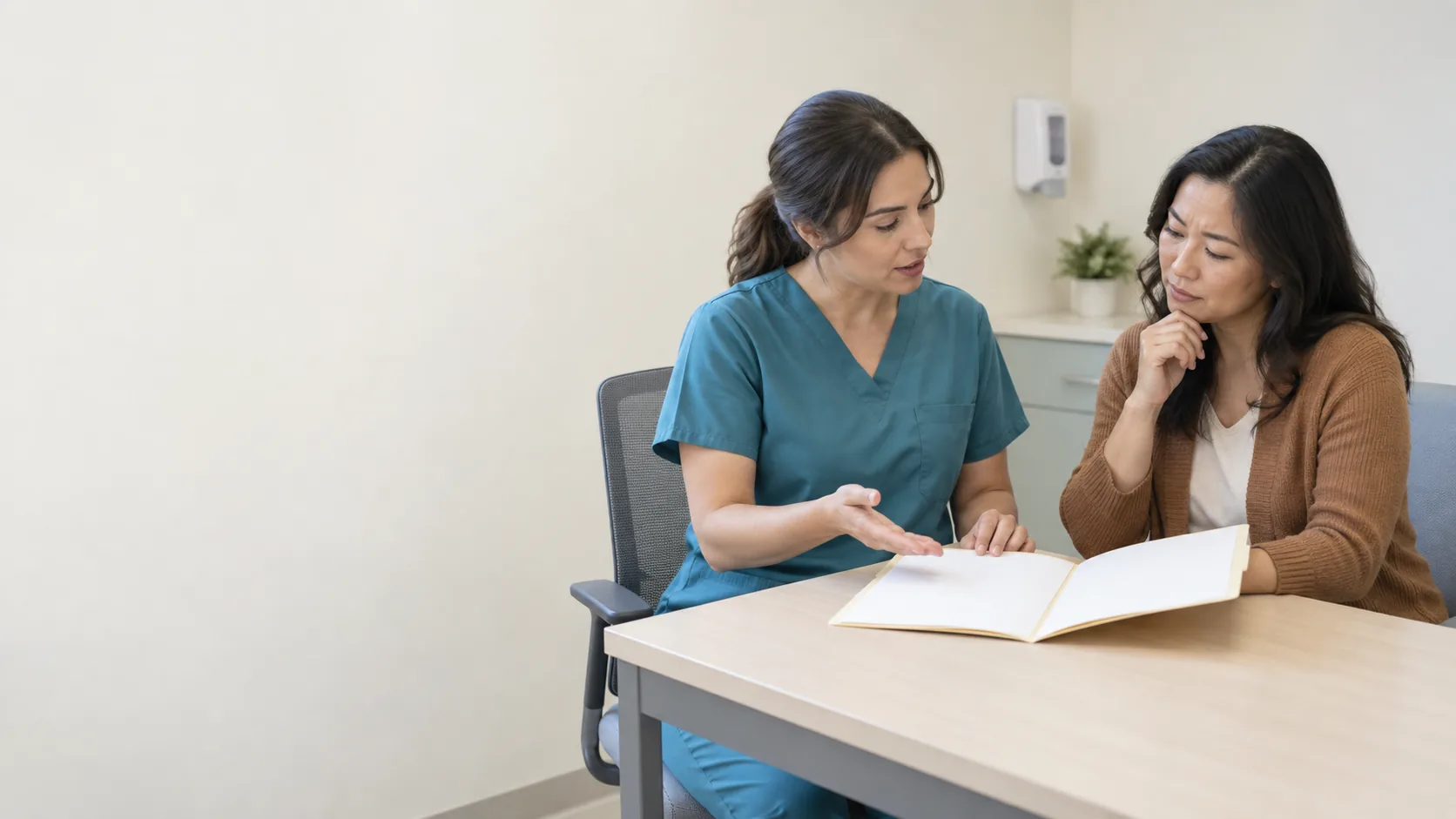 A fictional adult reviewing an unmarked instruction packet in a clinical setting.
