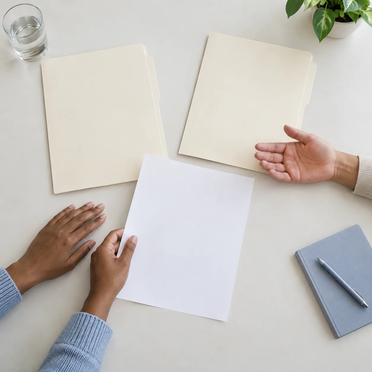 Two fictional adults comparing unmarked pages at a work surface.