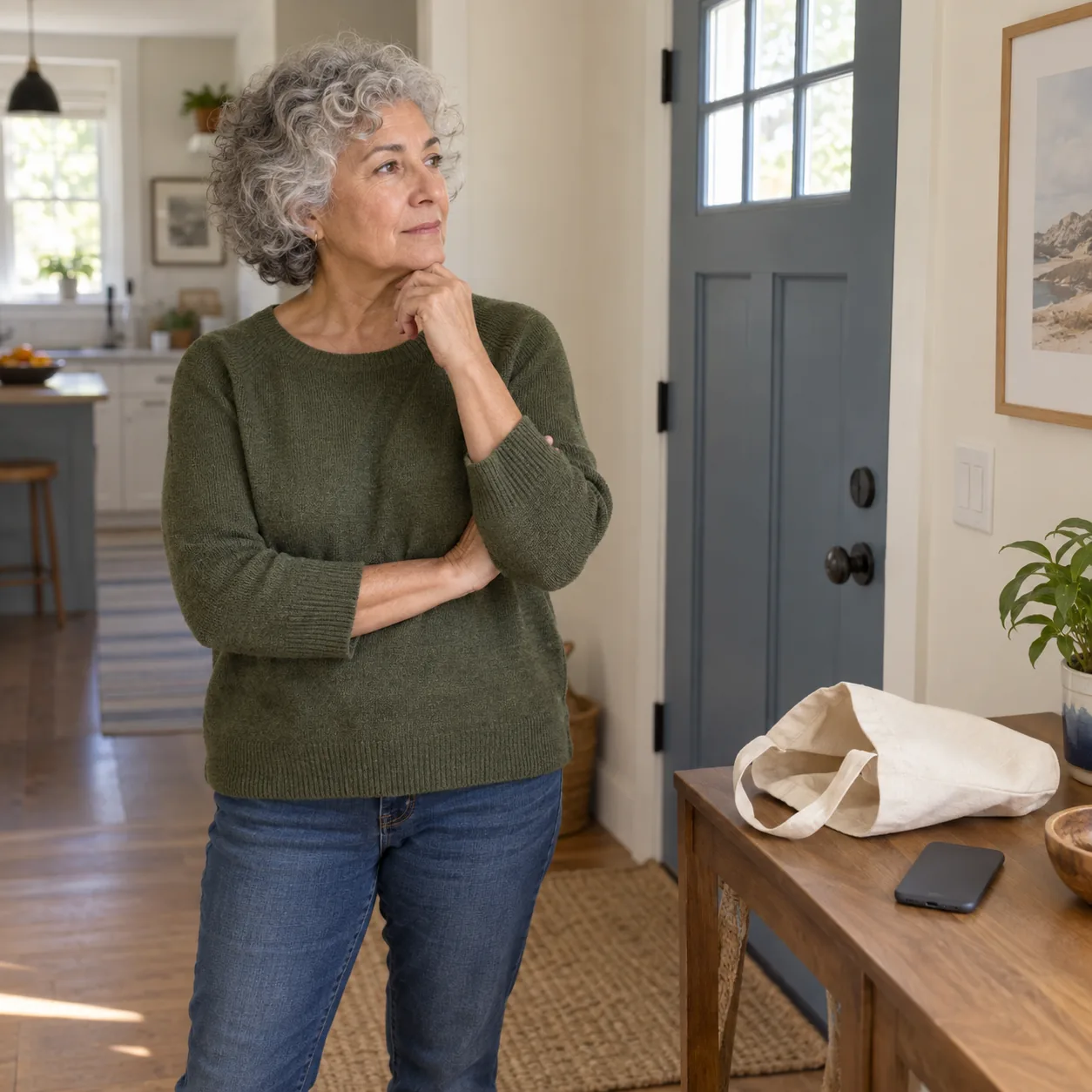 A fictional adult considering practical arrangements at home beside a canvas tote and inactive phone.
