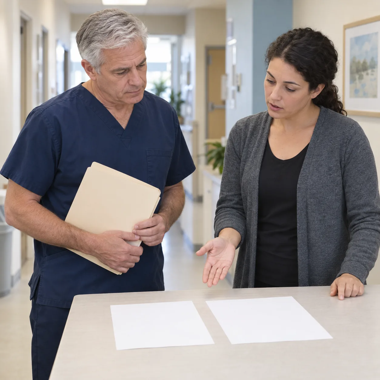 Two fictional colleagues discussing separate unmarked pages in a clinic.