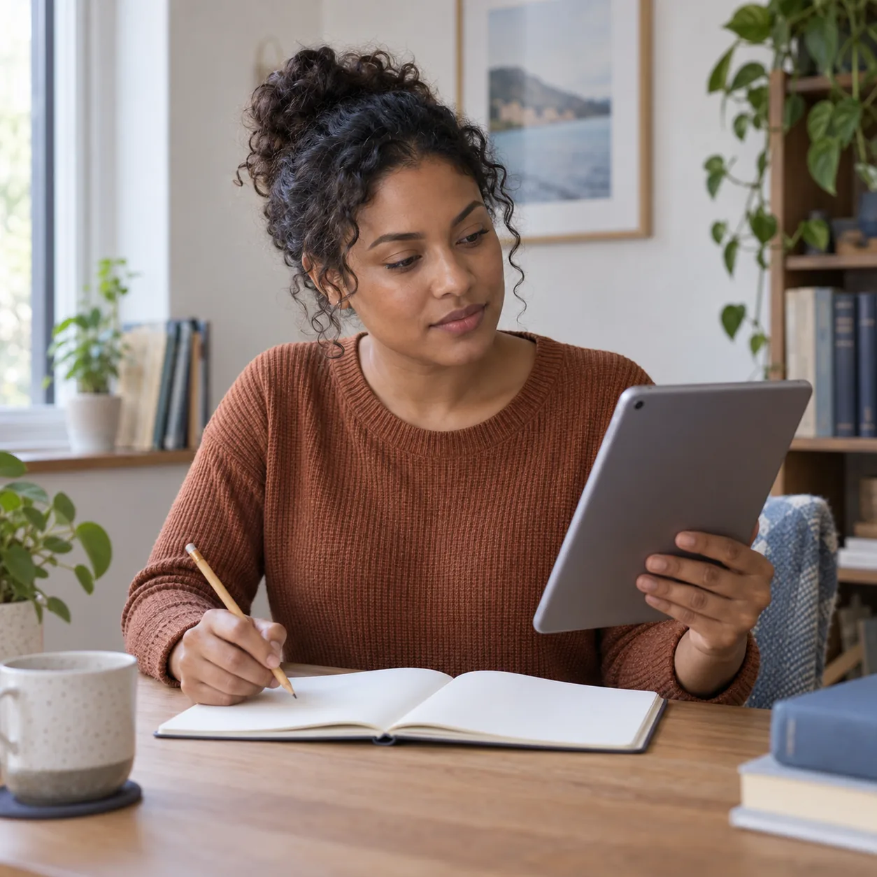 A fictional adult studying independently at a desk with a tablet and personal notebook.