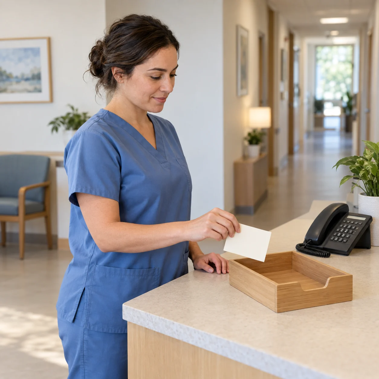 A clinic staff member holds a blank card over an empty tray beside an unused desk phone in an outpatient corridor.