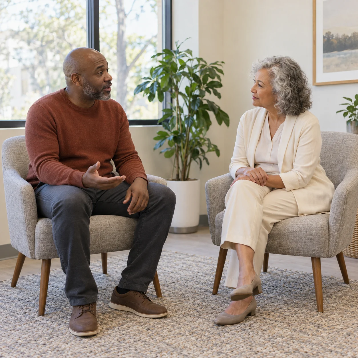 A fictional visitor speaks with an attentive listener during a follow-up conversation in a quiet office.