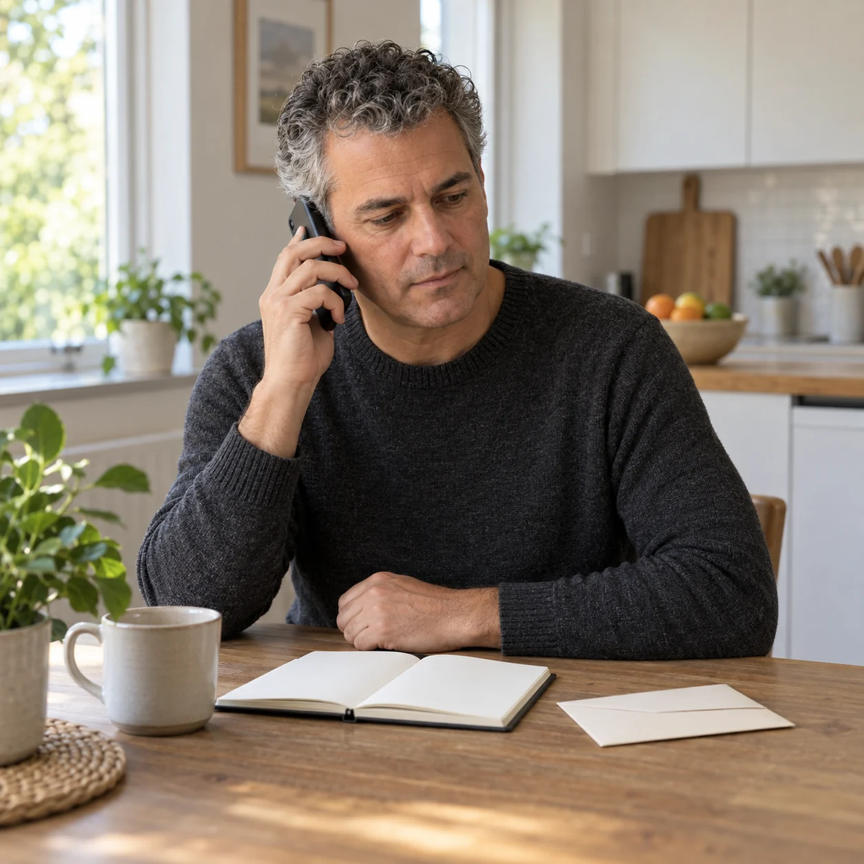 A fictional adult holds a phone to his ear at home beside a blank notebook and unmarked envelope.
