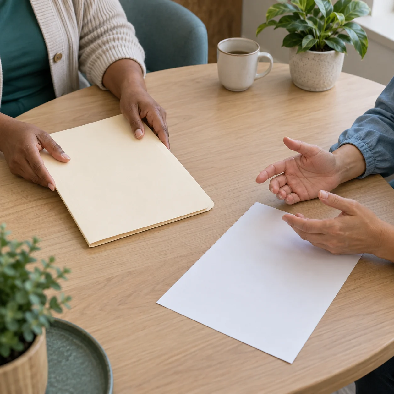 Two fictional adults discuss a blank page and an unmarked folder at a table.