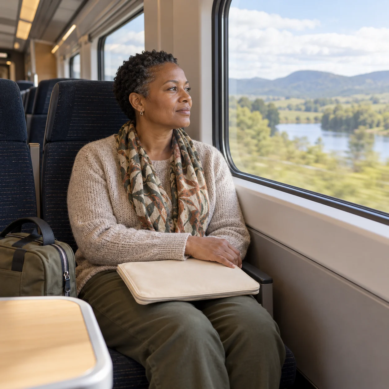 A fictional adult seated on a train beside a window with an unmarked pouch and travel bag.