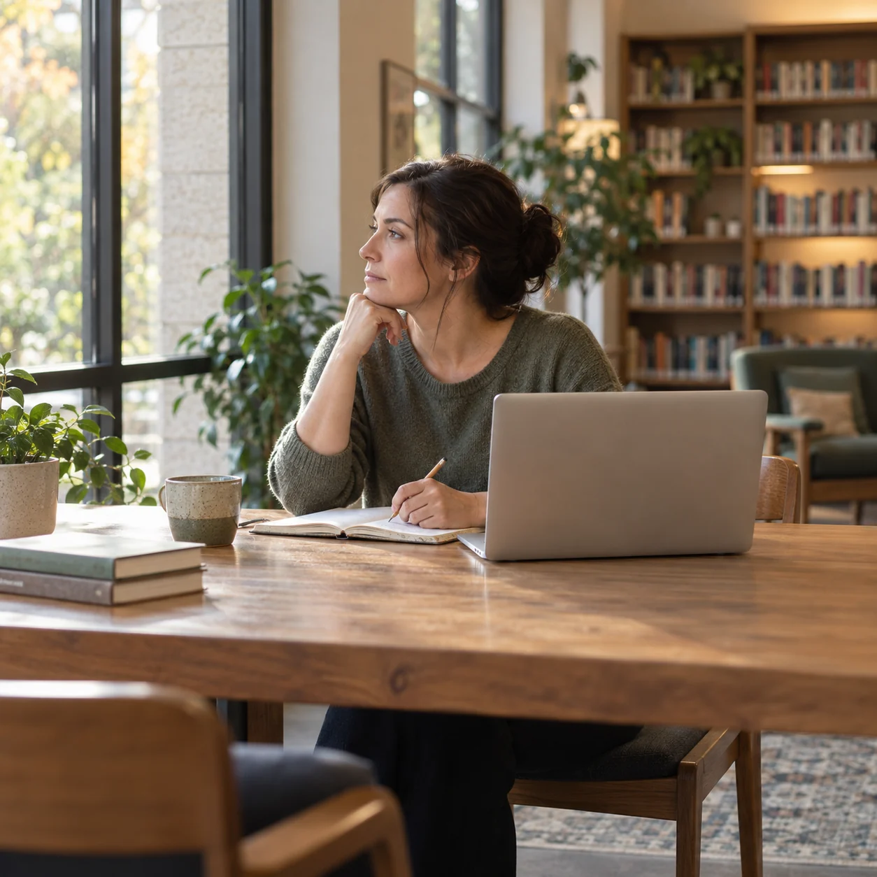 A fictional adult writes in a notebook beside a laptop while studying independently in a quiet room.