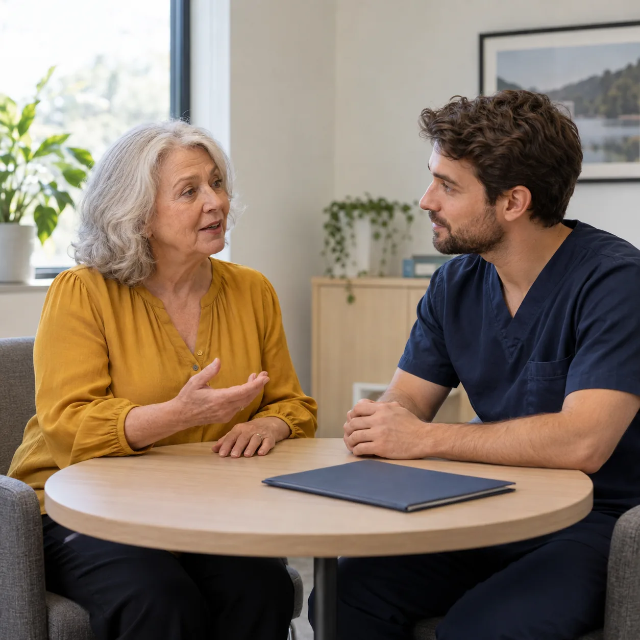 An older adult woman gestures while talking with a man in navy clinical clothing across a round table with a closed blue folder.