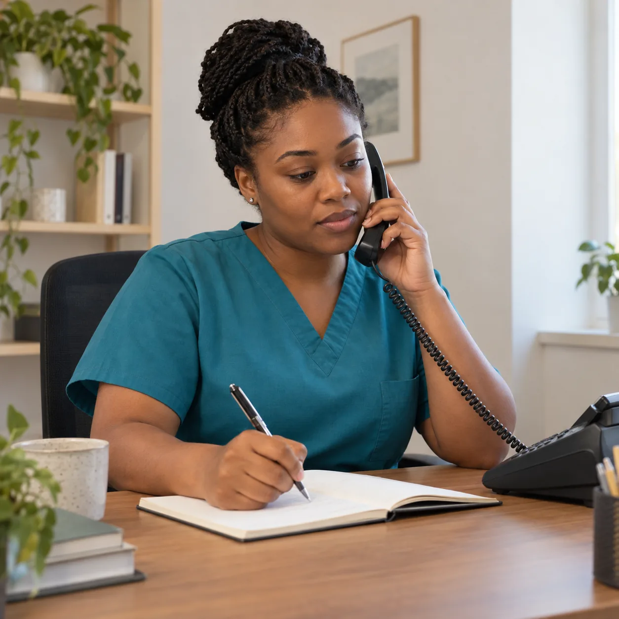 A fictional adult woman in teal clinical clothing holds a corded telephone handset while writing in an open notebook.