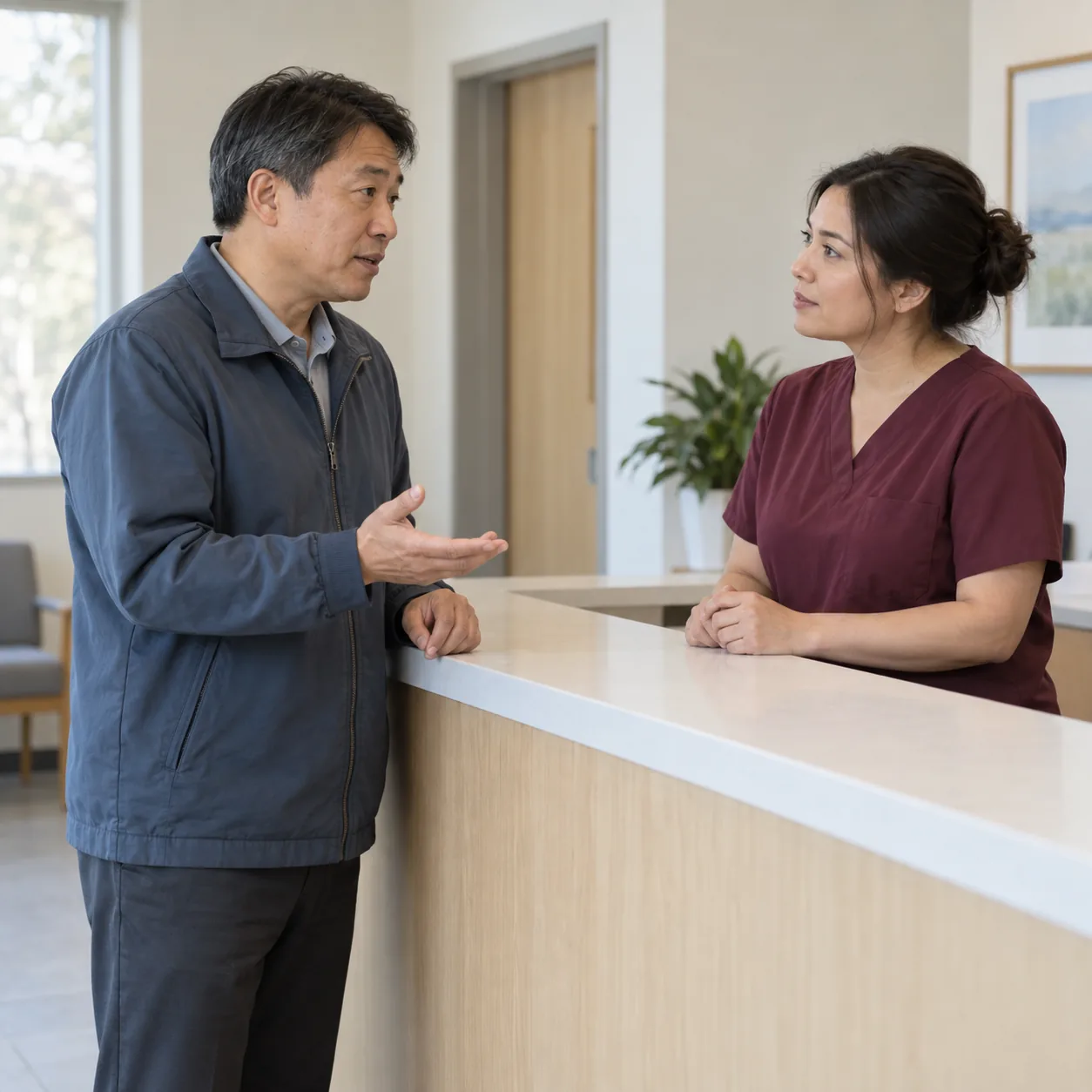 An adult man speaks with a staff member in burgundy clinical workwear across a clinic counter.