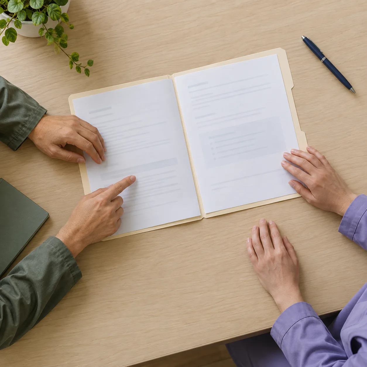 Overhead view of two adults' hands beside an open folder, with one finger pointing to a page.