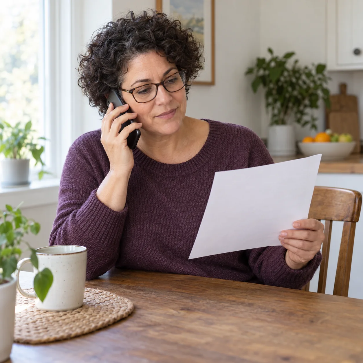 An adult woman at a kitchen table holds a phone to her ear and a sheet of paper.