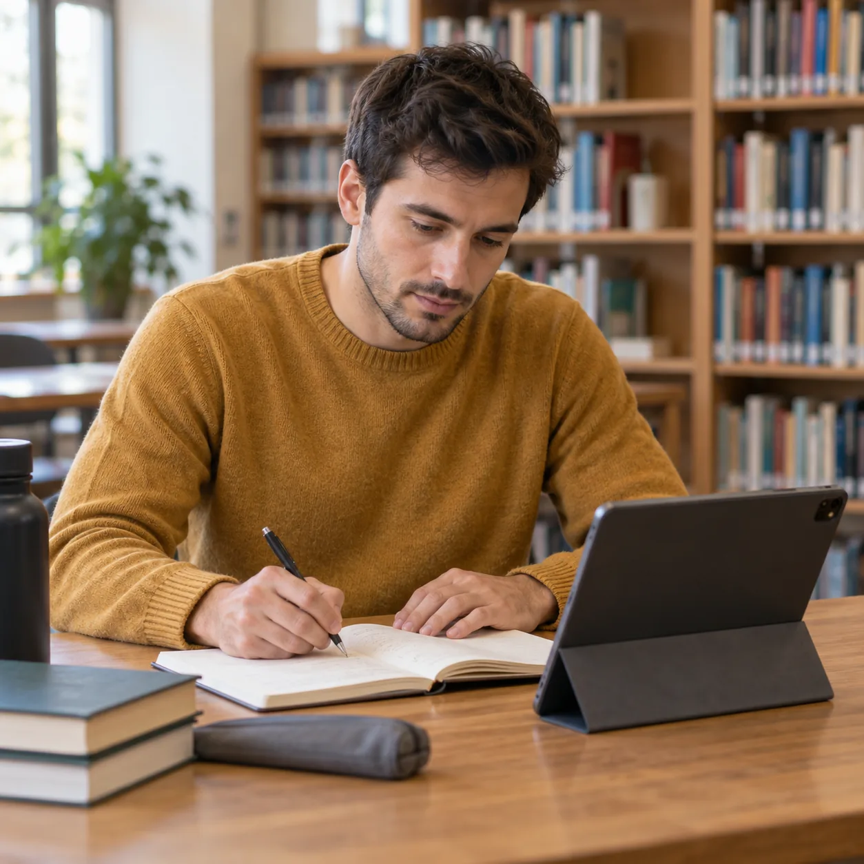 A fictional adult writing in a notebook beside a tablet in a quiet reading room.