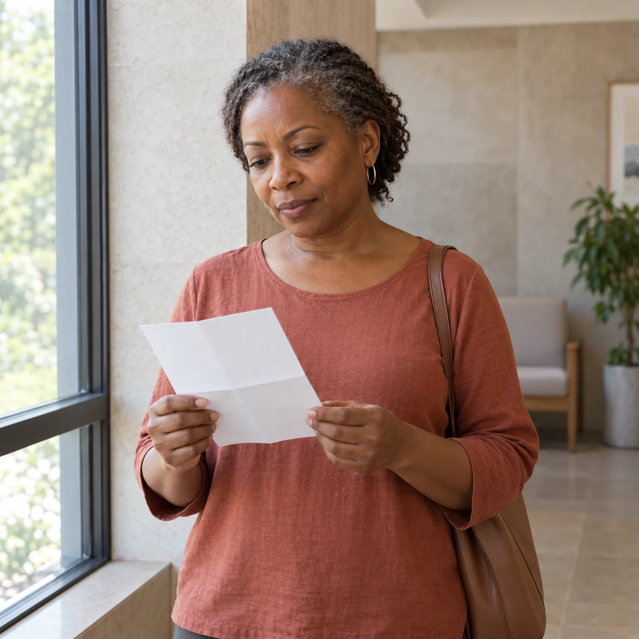 A fictional adult holding a blank sheet while pausing by a clinic window.