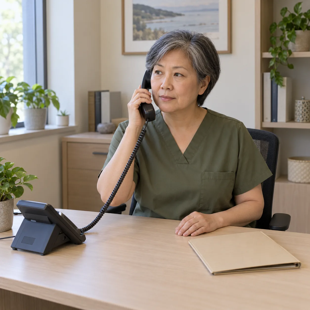A fictional clinic team member speaking on a corded telephone beside a closed folder.
