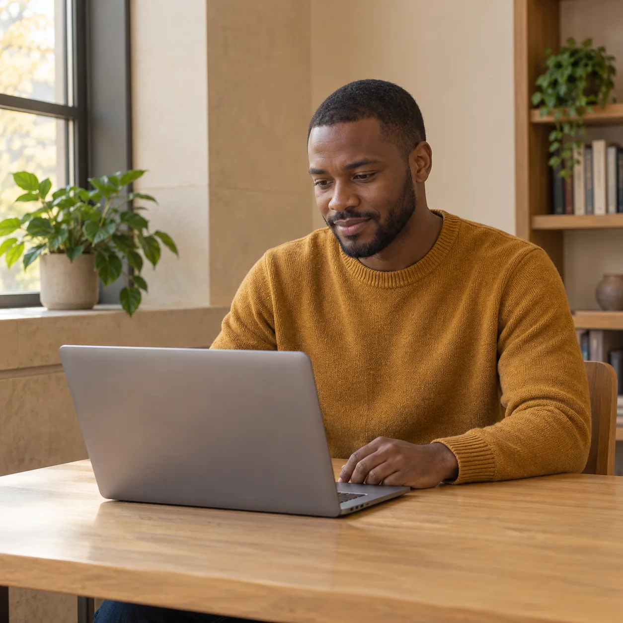 Fictional adult studying alone at an unbranded laptop with the screen hidden.