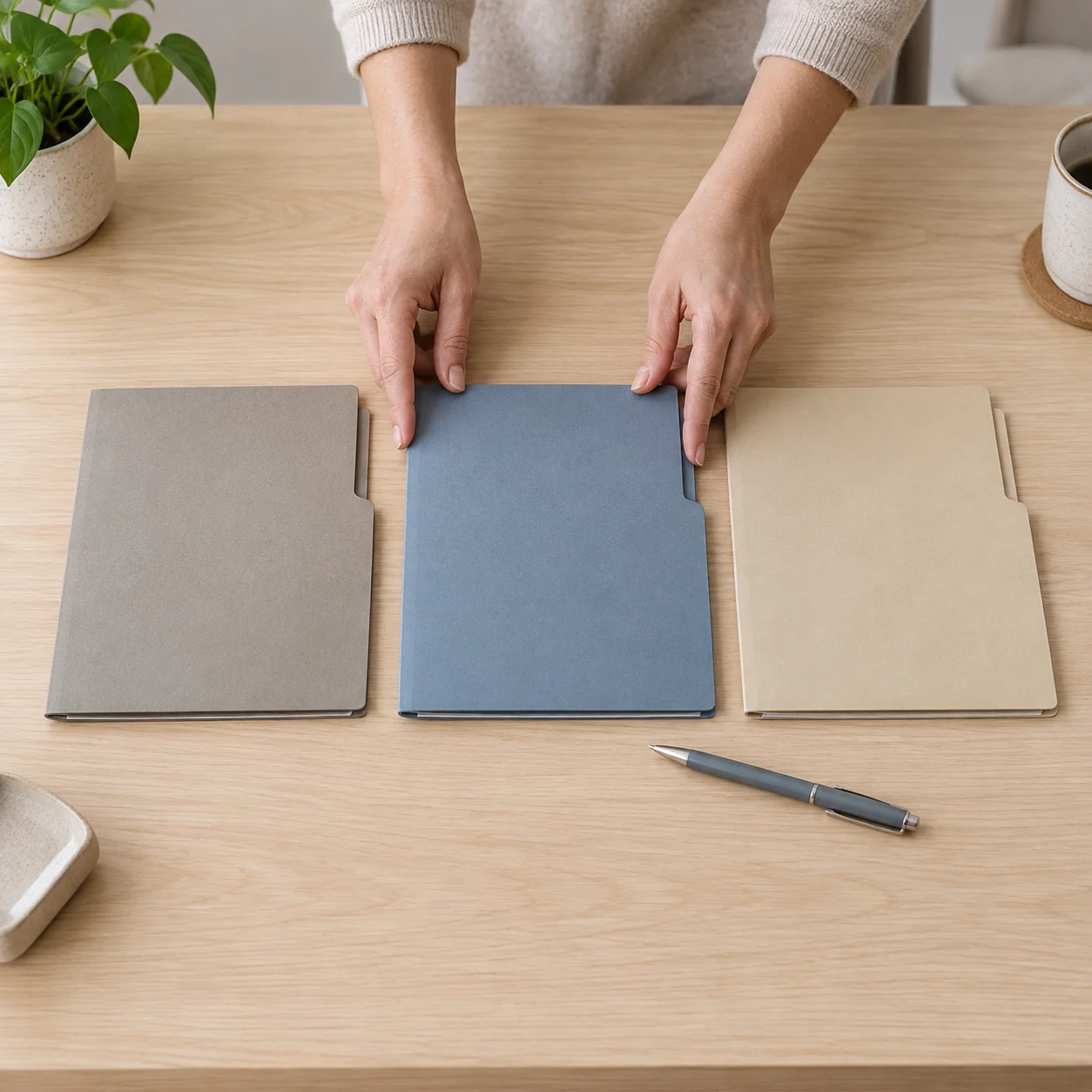 Hands straighten a closed blue folder between closed grey and sand folders on a wood table.