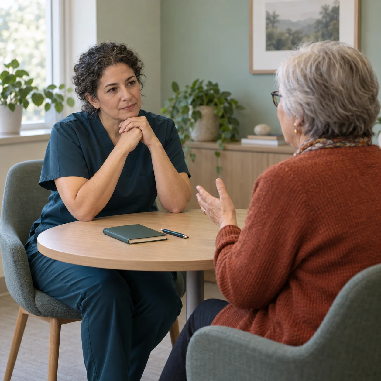 An older adult gestures across a round table while a person in dark teal scrubs listens; a closed notebook and pen lie between them.