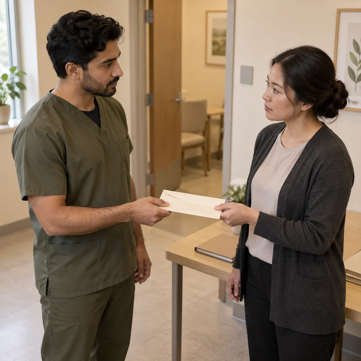 Two adults in a clinic-like work area hold opposite sides of a closed, unmarked cream envelope; one wears olive scrubs and the other a charcoal cardigan.