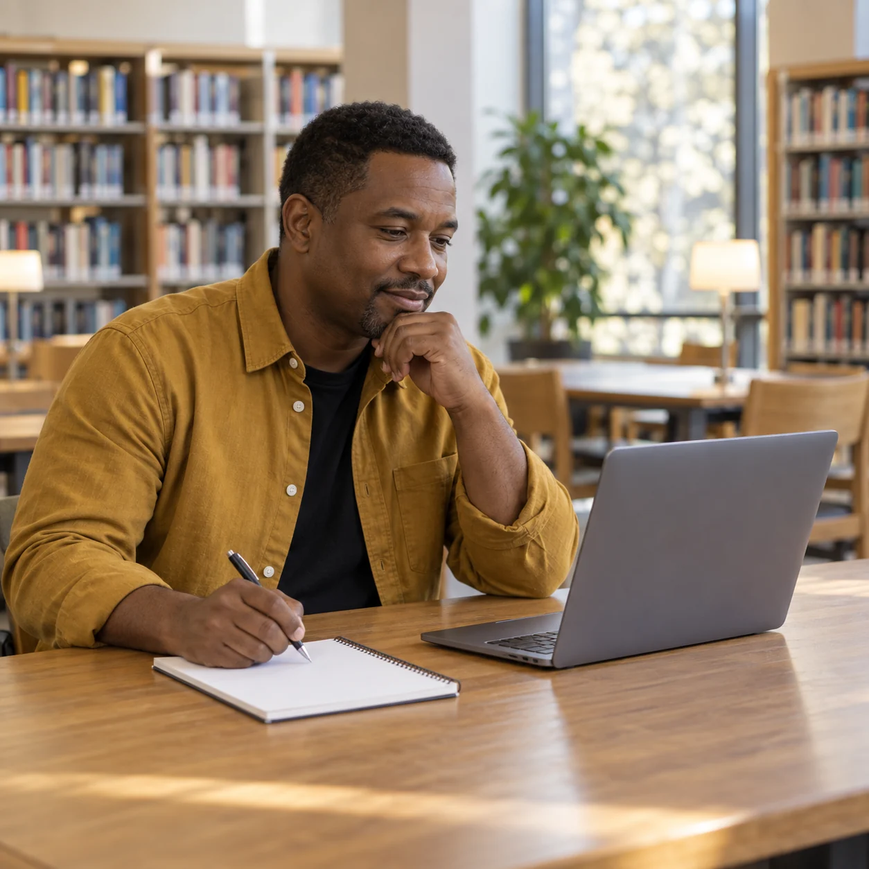 A man studies alone at a library table with a pen over a blank notebook beside an open laptop whose screen is hidden from view.
