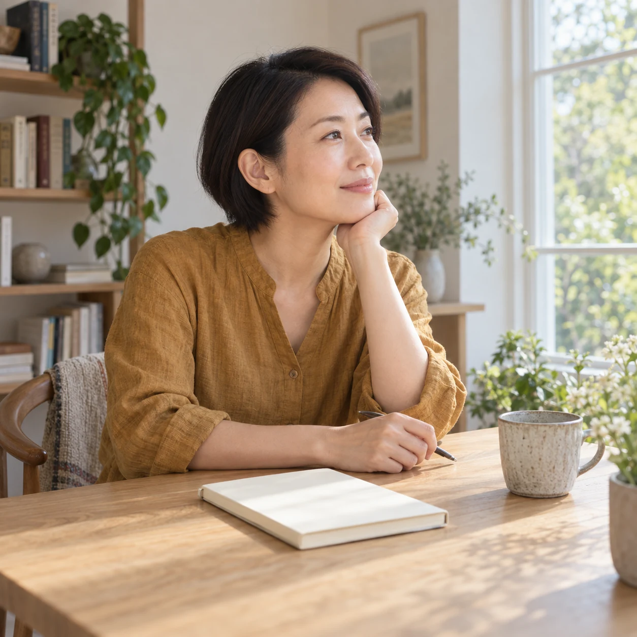 A fictional adult with one ear naturally visible sits beside a closed notebook in soft daylight.