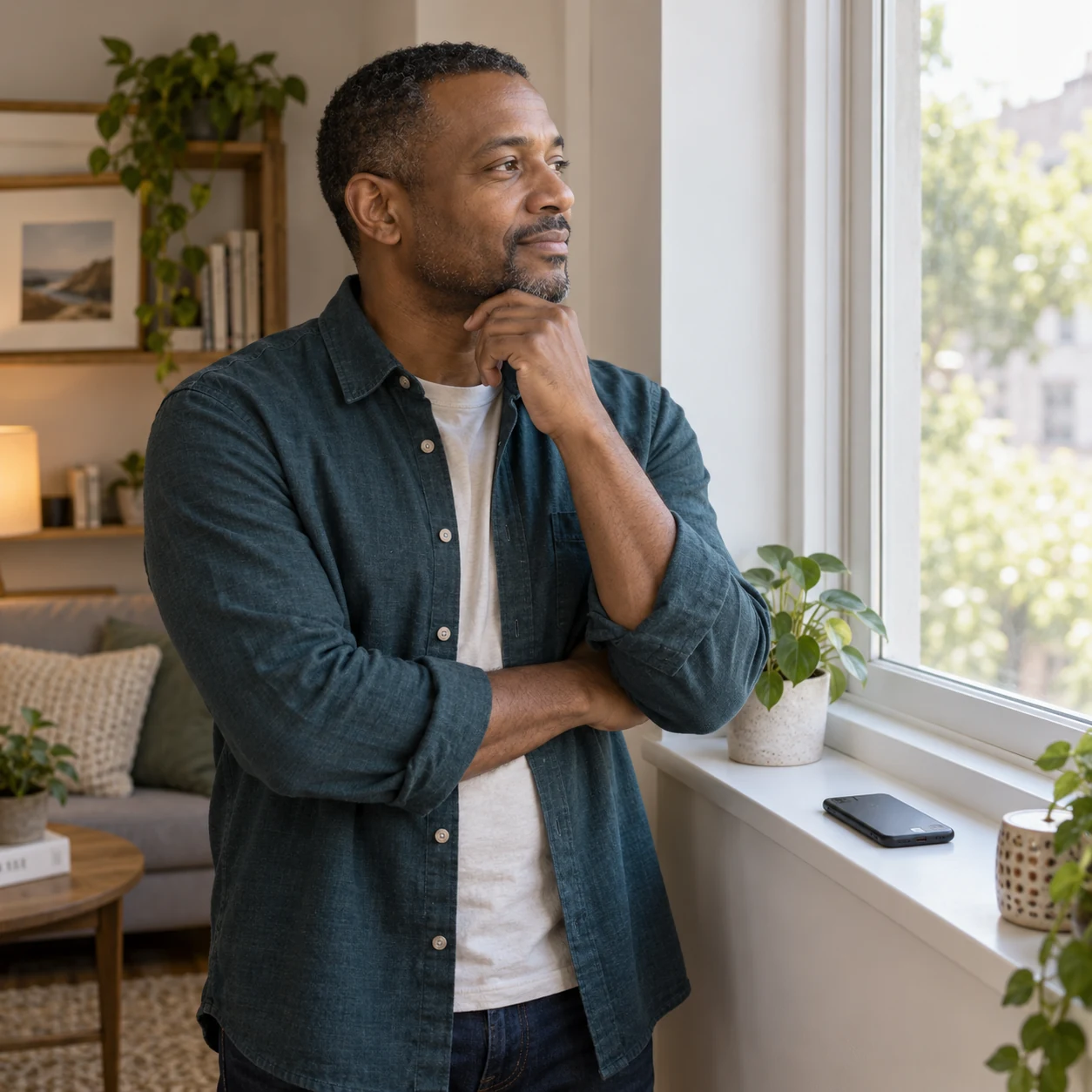 A fictional adult man with one ear naturally visible pauses beside a window, with a phone face down nearby.