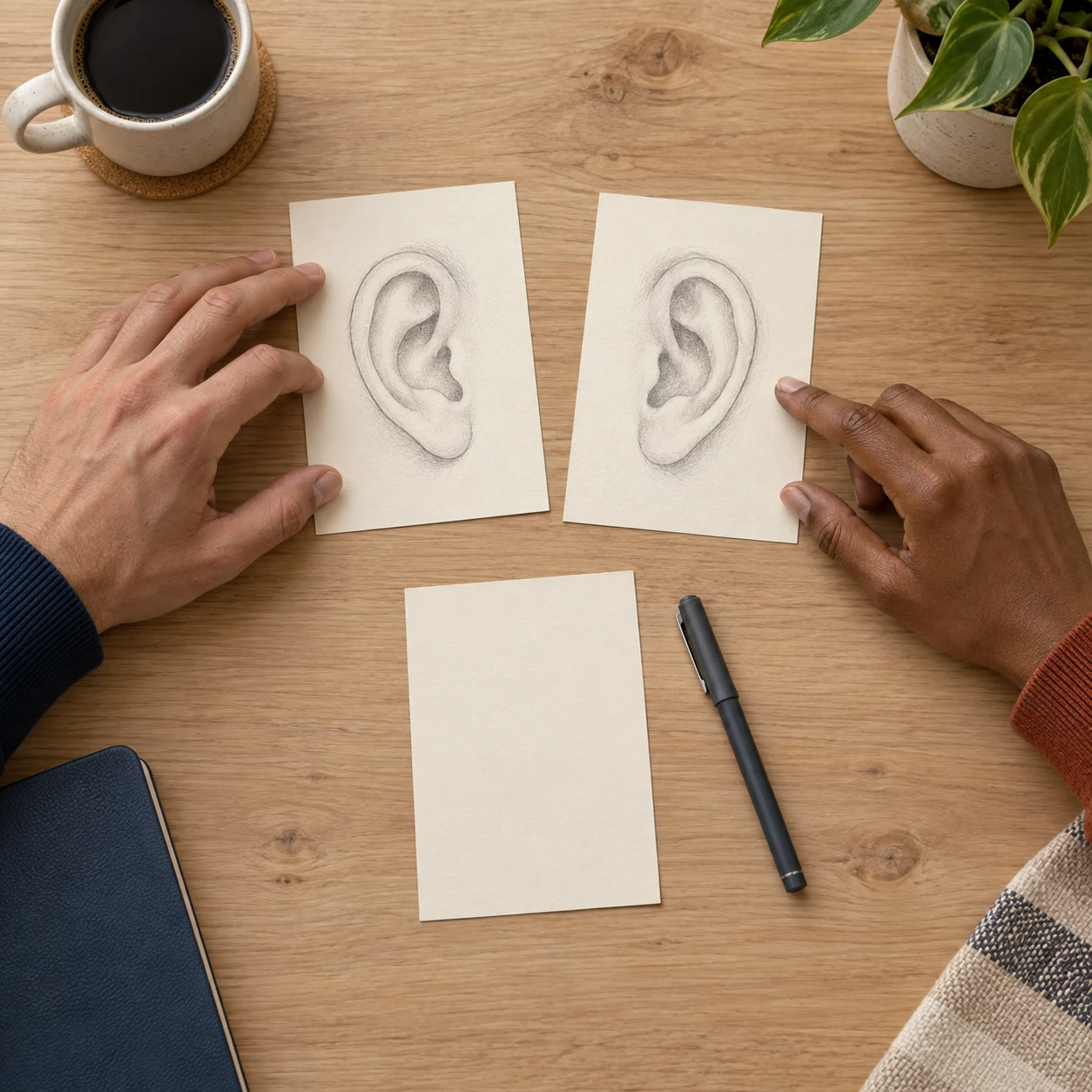 Two adult reviewers compare simple ear sketches on separate cards at a table, with a blank card nearby for questions.